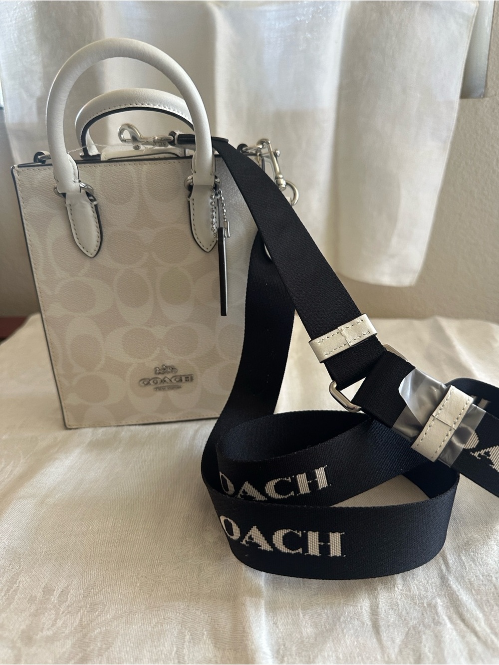 Coach Mini Tote in Chalk with Black Logo Strap